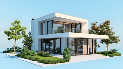 Modern Two-Story House with Large Windows and Garden