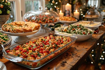 Fototapeta premium A beautifully arranged buffet showcases an assortment of delicious dishes, garnished with fresh herbs, surrounded by warm candlelight and festive decorations for a holiday celebration