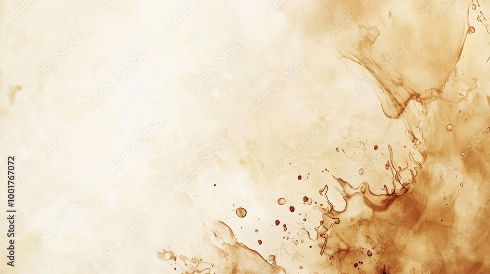 Poster an abstract artistic background created from spilled coffee stains and splashes on a textured surfac