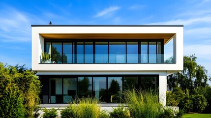 Modern House Exterior with Large Windows and Greenery