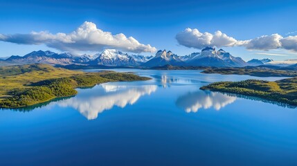 Obraz premium A panoramic aerial view of a serene lake surrounded by majestic mountains, with a blue sky and fluffy clouds reflecting on the calm water.