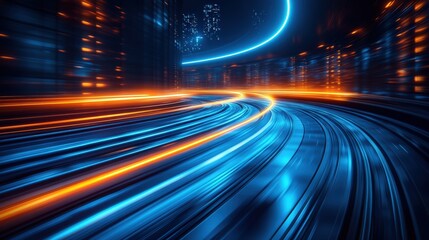 High-speed road with light trails on a dark background, using a blue and orange colors