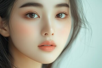 Fototapeta premium Close-up portrait of young Asian beautiful woman with K-beauty make up style and healthy and perfect skin isolated on beige background for skincare commercial product advertising. with generative ai