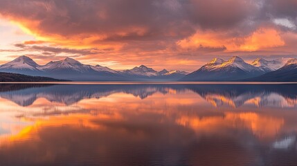 A panoramic view of a mountain range reflected in a calm lake at sunrise. The sky is ablaze with vibrant orange and pink hues, creating a breathtaking scene of natural beauty.