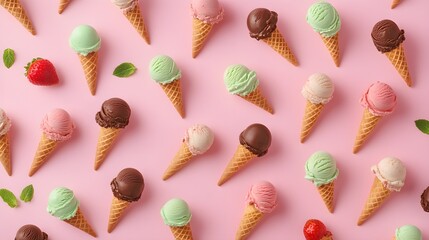 Colorful Array of Ice Cream Cones on Pink Background