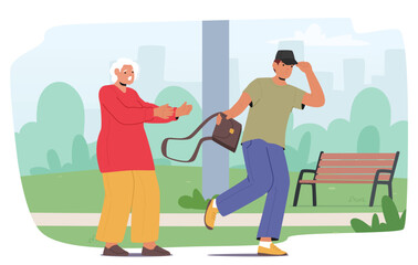 Young Man Snatching A Purse From An Elderly Woman Character In Park Setting Creating A Sense Of Alarm And Urgency