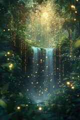 enchanted forest, magical setting with lush greenery, glowing fireflies, cascading waterfalls, and twinkling fairy lights in an enchanted forest