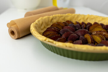 homemade plum cinnamon pie, cooking at home