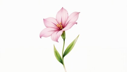 Fototapeta premium Digital illustration of a pink lily flower with green leaves on a plain white background