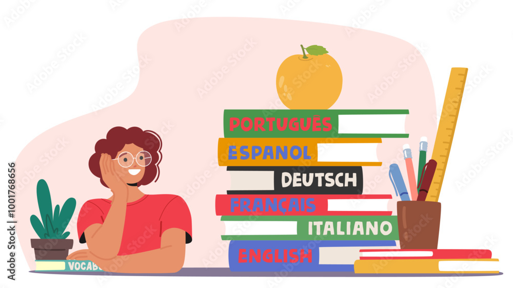 Poster language school scene featuring smiling student and stack of colorful language books, including engl