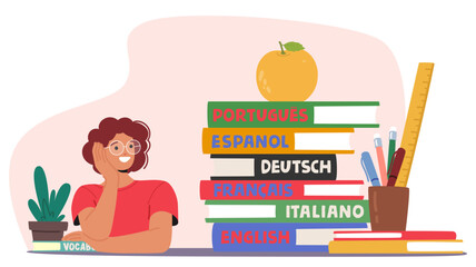 Language School Scene Featuring Smiling Student And Stack Of Colorful Language Books, Including English, Spanish, French