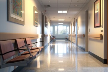 Fototapeta premium Hospital Corridor with Waiting Area - Medical Interior Design