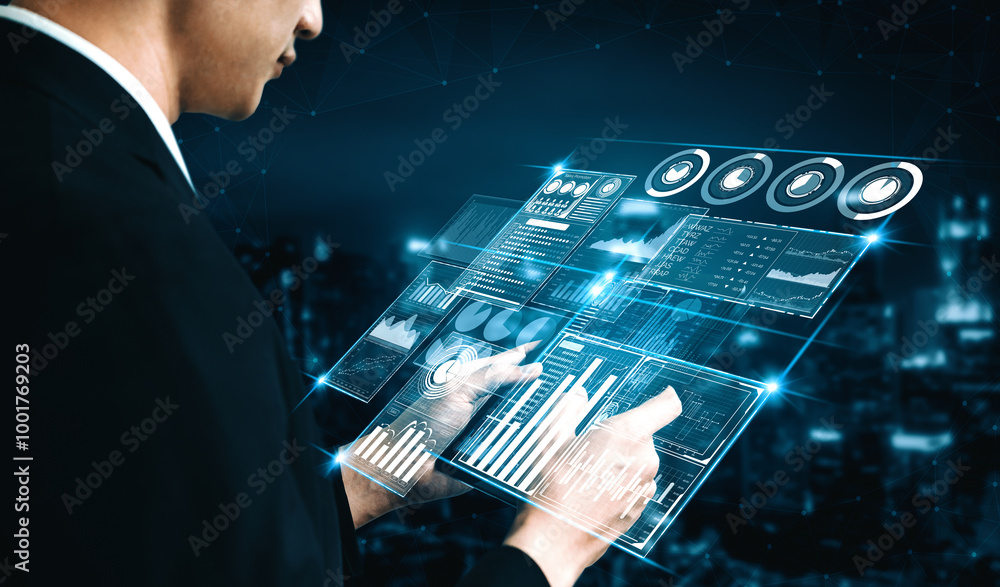 Poster big data technology for business finance analytic concept. modern interface shows massive informatio