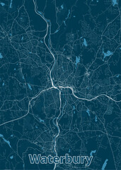 Detailed map of Waterbury, Connecticut, rendered in a minimalist style. The map is dominated by a deep teal blue background, with white lines representing roads, streets, and waterways.