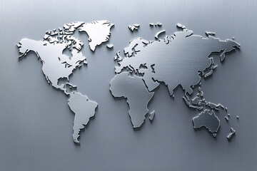A metallic world map cutout displayed on a textured silver background with raised continents creating a modern and industrial look
