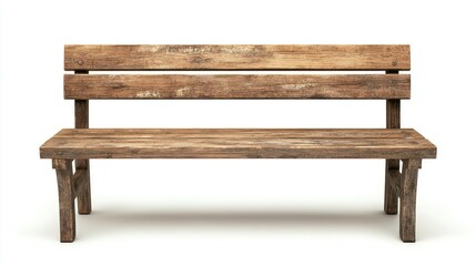 A rustic wooden bench with a weathered finish and two slats on the back, isolated on a white background.