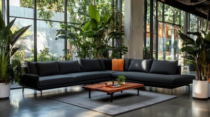 The spacious living room showcases a gray sectional sofa, low wooden coffee table, and lush houseplants, all illuminated by ample natural light