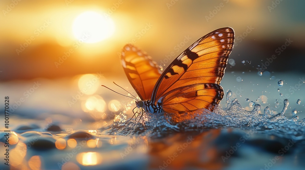 Sticker A butterfly with orange and black wings emerges from water at sunset.