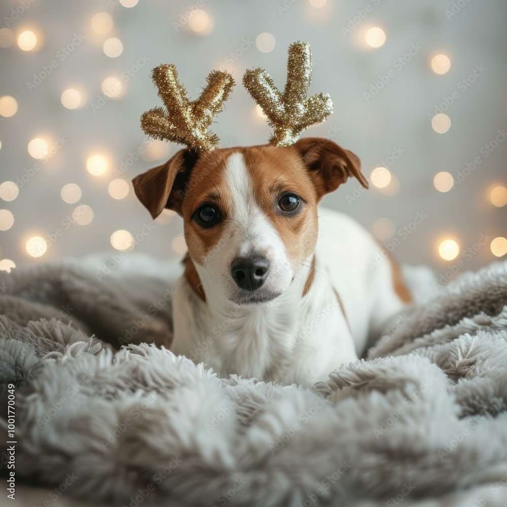 Sticker A dog wearing reindeer antlers looks at the camera. AI.