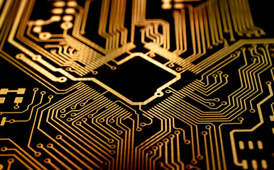 printed circuit. layout of tracks. PCB. processor, chip and electronic components