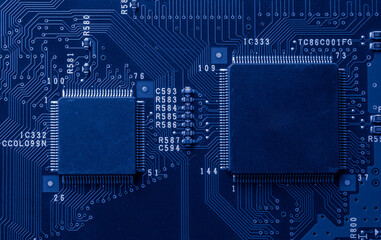 printed circuit. layout of tracks. PCB. processor, chip and electronic components
