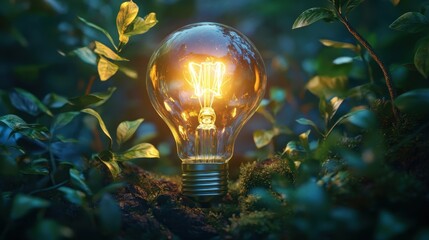 Sustainable Development Concept with Glowing Light Bulb in Natural Environment Symbolizing Ecology and Green Energy