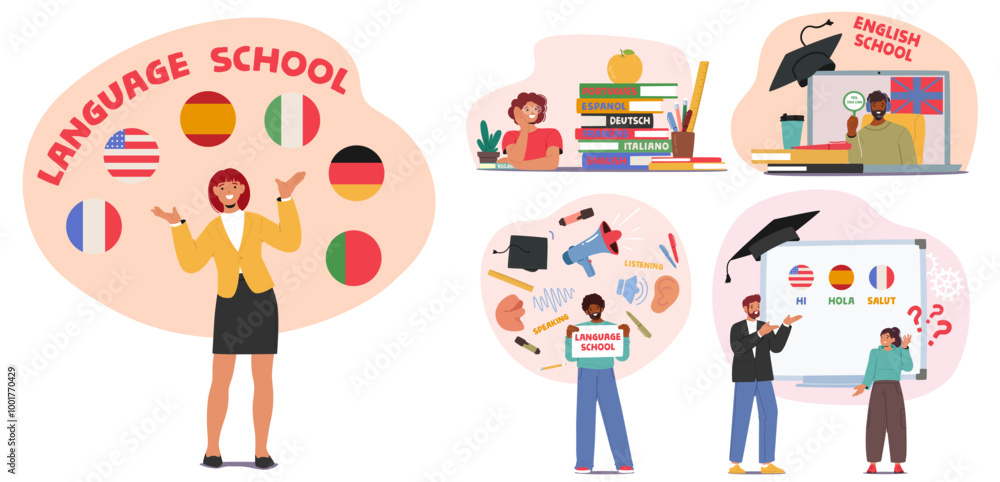 Poster language school featuring english lessons with a multilingual learning environment. includes differe