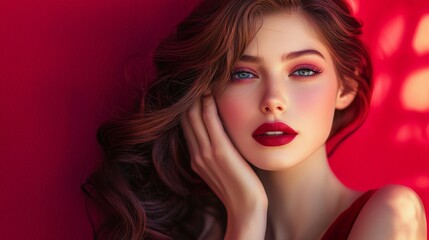 Fototapeta premium Elegant woman with vibrant red lipstick in a bold portrait