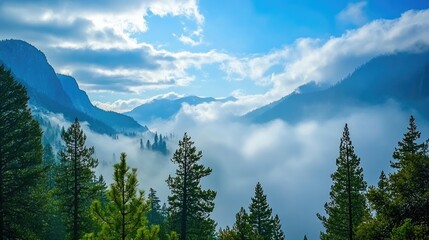 A scenic view of a mountain valley with a sea of clouds rolling through.