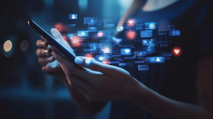 person is engrossed in their smartphone scrolling through various posts on a social media platform. Bright icons are animated above the device creating an engaging visual effect.