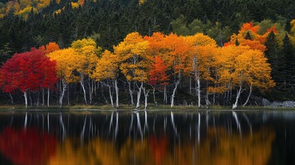 A serene lake reflects the vibrant colors of fall foliage, showcasing a captivating display of red, orange, and yellow hues against a backdrop of dark green pines.