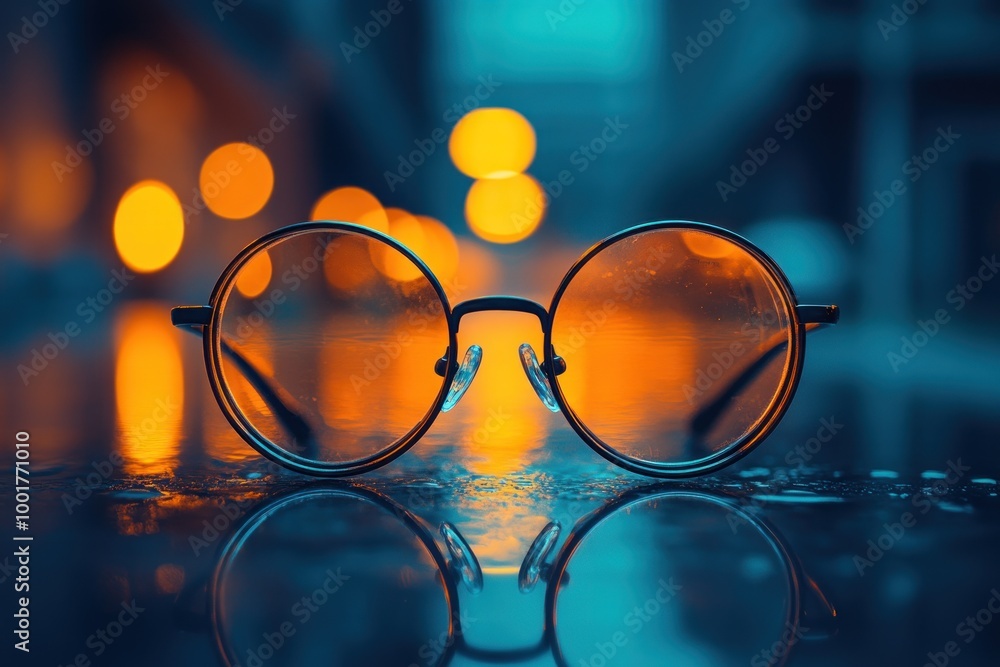 Canvas Prints A pair of round glasses with a blurred background of city lights reflecting in the lens.