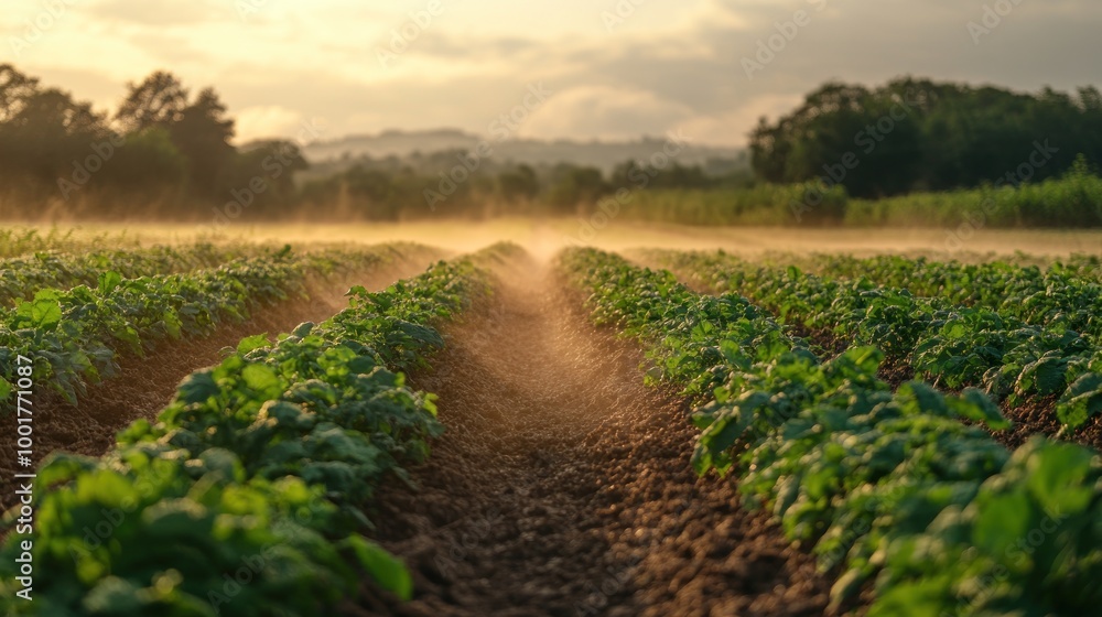 Poster Rows of green crops growing in a field at sunrise with morning mist and a blurred background of trees and hills.