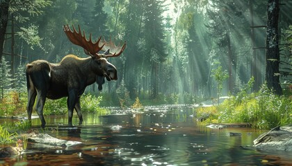 Moose standing by forest stream in peaceful woodland
