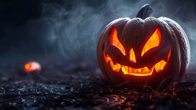 A sinister Jack-o'-lantern with a wicked expression and glowing eyes, positioned against a dark and haunting Halloween backdrop. The image captures the essence of fear and spookiness for the season.
