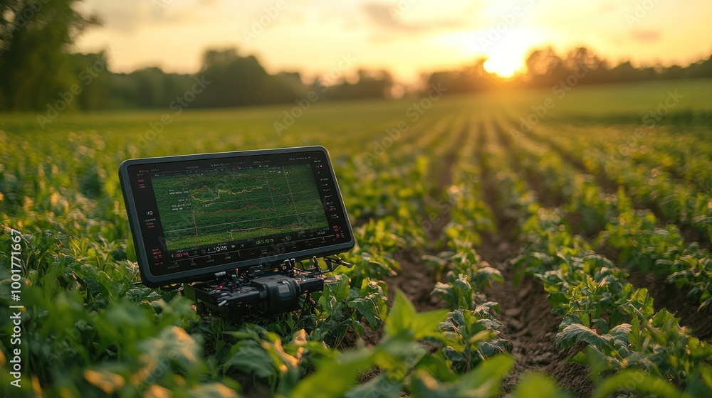 Poster A tablet computer sits in a field of crops with a sunset in the background. The tablet screen displays a graph.