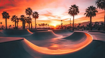 A skatepark at sunset with palm trees and a colorful sky, with people silhouetted in the distance.