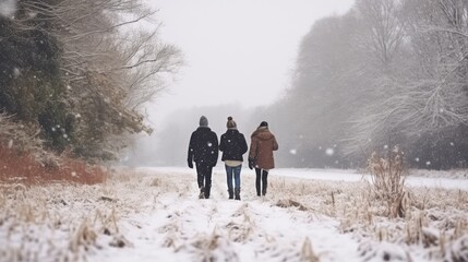 A trio of friends enjoys a tranquil walk through a snowy landscape, immersed in nature, sharing warmth and camaraderie amid the serene winter backdrop.