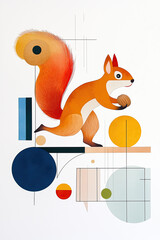 Laufendes Eichhörnchen auf geometrischen Plattformen – Aquarellkunst Illustration