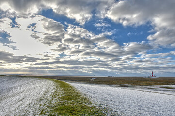 Westerhever, Schleswig-Holstein, Leuchtturm, Wattenmeer, Westerheversand, Deich, Seedeich, Salzwiese, Nordfriesisches Wattenmeer, Nordfriesland, Winter, Schnee, Marsch, Marschland, Schwemmland, Küste,