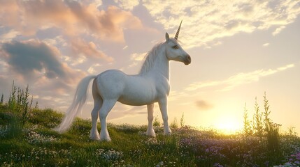 Fototapeta premium Graceful Unicorn Standing in Lush Green Landscape