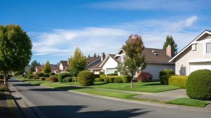 A serene suburban street lined with neatly trimmed bushes and uniform houses under a vibrant blue sky, reflecting harmony and order.