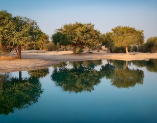 Dreamy Reflections: Soft Focus on Trees in Moon Pond, Bahrain