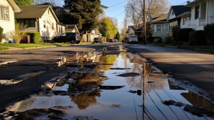 Fototapeta premium A residential street lined with houses and trees, with large potholes filled with water reflecting the surroundings after a rain.