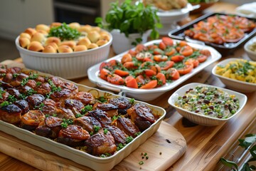 A selection of various home-cooked dishes includes roasted meat, fresh salads, and baked goods, presented on wooden surfaces at a lively gathering, showcasing vibrant colors and appetizing aromas
