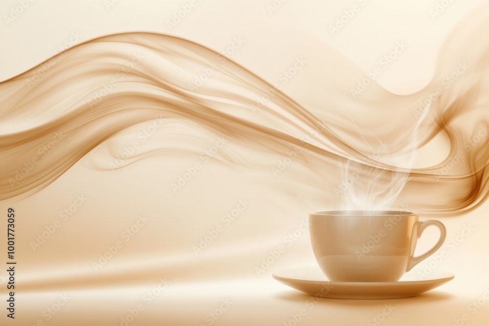 Poster Abstract swirls of steam rise gracefully from an invisible coffee cup, creating a soothing and warm atmosphere in the setting. Generative AI