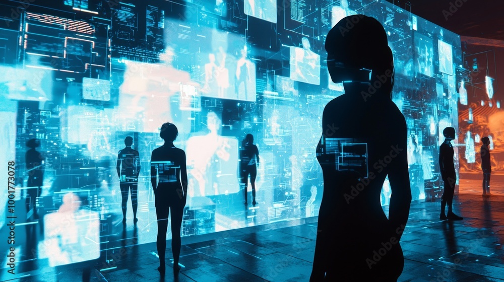 Poster avatars of various individuals connect and interact within a dynamic virtual metaverse showcasing so