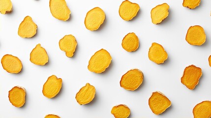 Turmeric Slices Pattern White Background Organic Spice Root Food Photography