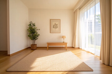 Fototapeta premium A minimalist bright room with a large window, beige rug, potted plant, wooden bench, and soft sunlight creating a peaceful atmosphere 