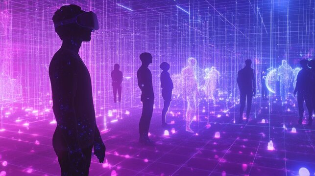 Avatars interact and connect in a colorful virtual metaverse showcasing social relationships in a dynamic digital landscape.